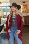 Soft Drape Open Front Cardigan: Wine