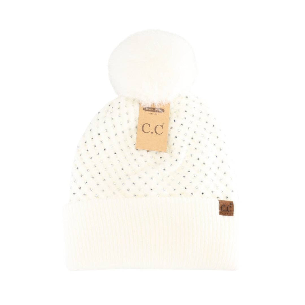 Bling Bling Fur Pom Beanie-Ivory