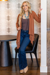 Soft Drape Open Front Cardigan: Rust