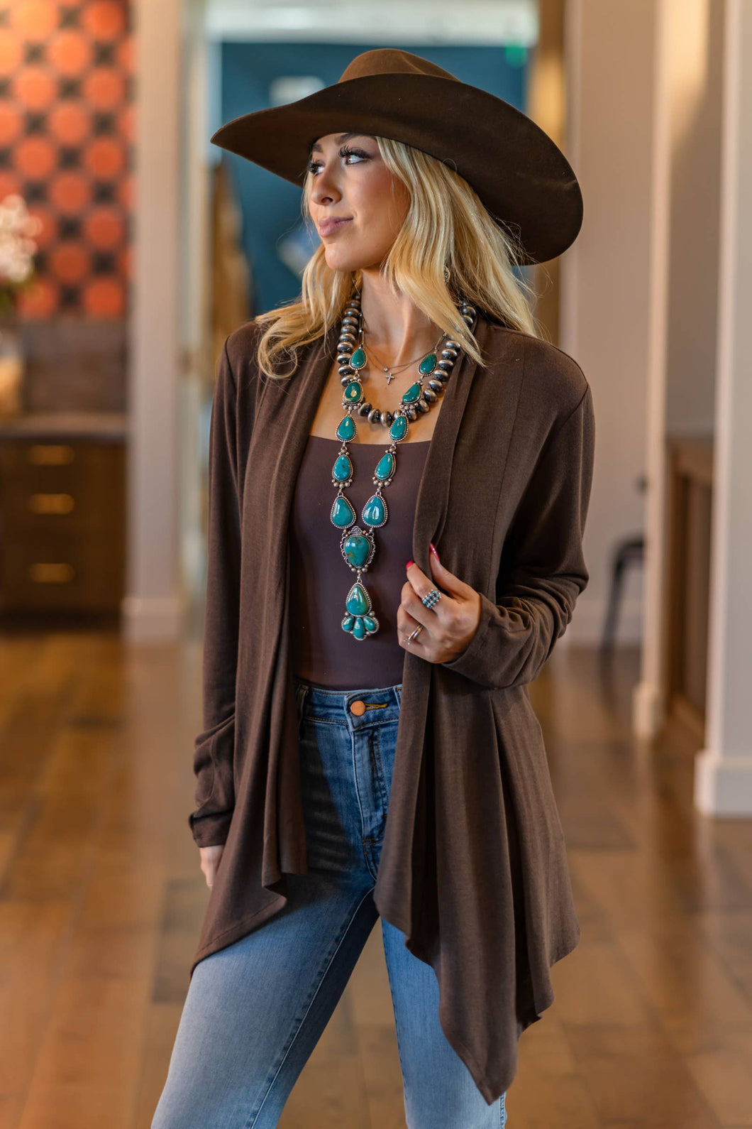 Soft Drape Open Front Cardigan: Chocolate