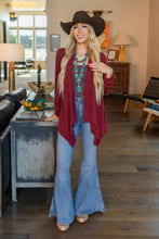 Soft Drape Open Front Cardigan: Wine