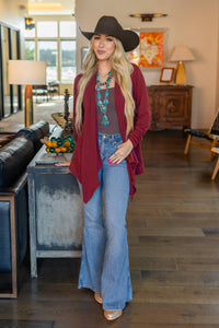 Soft Drape Open Front Cardigan: Wine